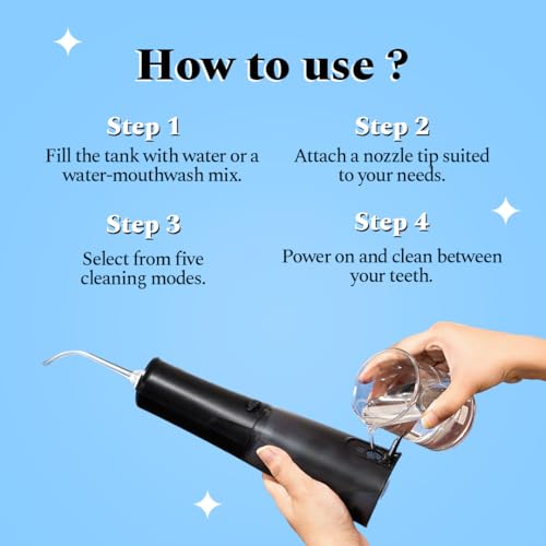 Image of Perfora Smart Water Dental Flosser - 300ml | 2 Year Warranty | 5 Water Pressure Settings & 5 Nozzles, 1500mAh Battery | Rechargeable Dental Floss for Teeth Oral Care, IPX7 Waterproof (Black Gold)