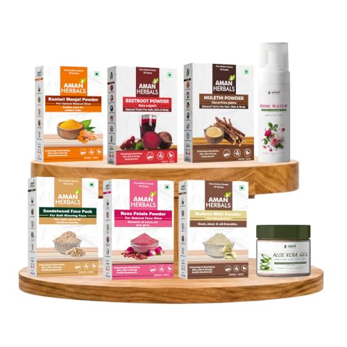 Image of Natural Skincare Set with Kasturi Haldi, Sandalwood, Mulatani Mitti, Orange, Mulethi, Beetroot, Neem Powder, Aloe Vera Gel, Rose Water for Face and Body Care Face Pack (8 Combo 1100gm)