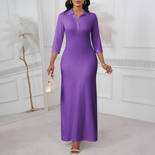 Image of PinkPatty Women's Casual 3 /4 Sleeve Polo V Neck Bodycon Maxi Dress | Semi formal, modest style, long fitted, versatile for church, work, business, office and daily wear