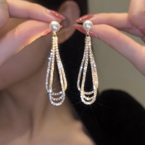 Cubic Zirconia Pearl Long Tassel Dangle Earrings Rhinestone Waterdrop Shape Tassel Drop Earrings Fashion Wedding Jewelry for Women Gifts4