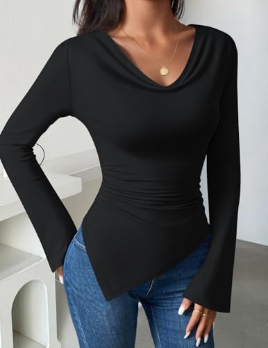 ZESICA Women's Long Sleeve Cowl Neck Shirts Slim Fit Going Out Y2k Tops Blouses 2025 Fall Outfits Fashion Clothes3