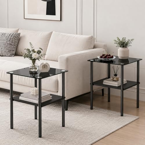 Image of Small Side Table Set of 2, Square Glass End Table with Clear Tempered Glass Top for Small Space, 2-Tier Bedside Table Sofa Couch Table, Nightstands Set of 2 Accent Table for Living Room, Apartment