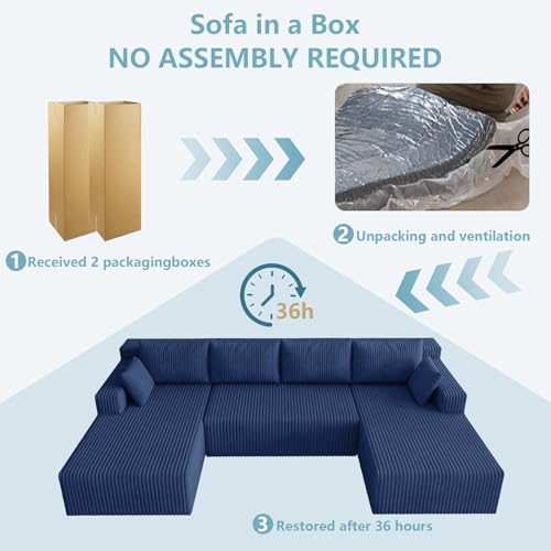 Image of 124 inch Boneless Cloud Sectional Couch Modular Sofa with Ottoman | Modern U-Shaped Couches, Comfy Corduroy Memory Foam Sofas with Oversized Chaise for Living Room (Blue, Left-Facing Chaise)