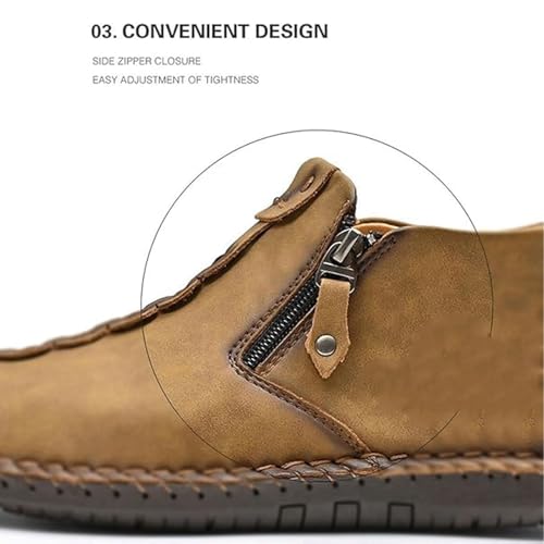 Phanile Mens Shoes,Men's Outdoor Comfy Arch Support Waterproof Walking Shoes,Handmade Casual Loafers,Side Zipper Loafers (Kahki - Fleece-Lined Style,10)4