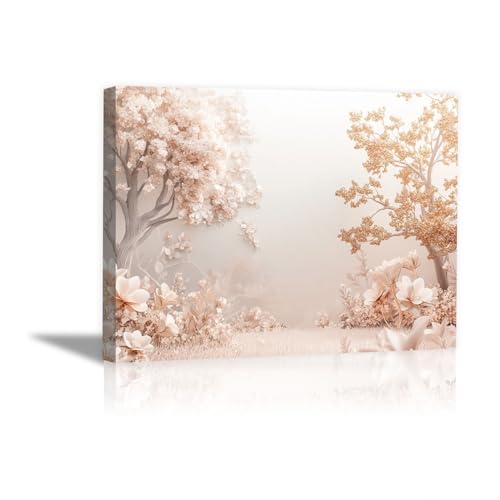 Tableau sur toile arbres fleuris pastels decoration murale beige grand format 70x100cm