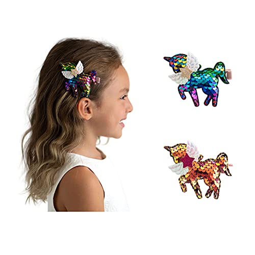 2Pcs Summer Crystal Sequins Unicorn Girl Alligator Hair Clips (Holo+Pome Purple)