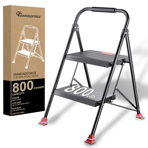 Foldable Step Ladder Stool - 2-Stepping Extension Tall Heavy Duty with Handrails, 800Lbs Capacity for Home Adults Kitchen, Closet Indoor House Extendable Stepstool Stair Ladders