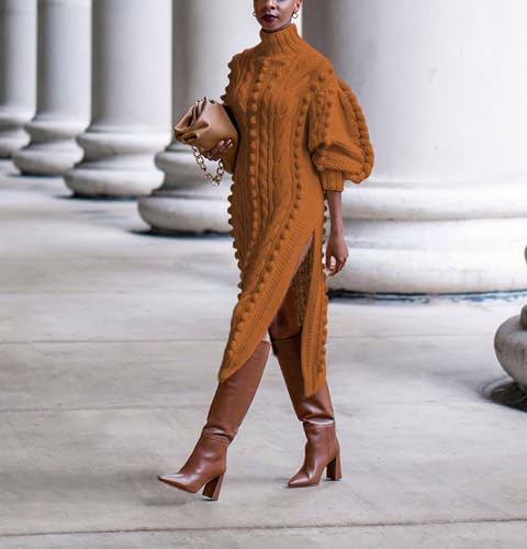 Women's Cable Knit Sweater Midi Dress Turtleneck Long Sleeve Loose Tunic Plus Size Split Sweater Dresses for Fall4