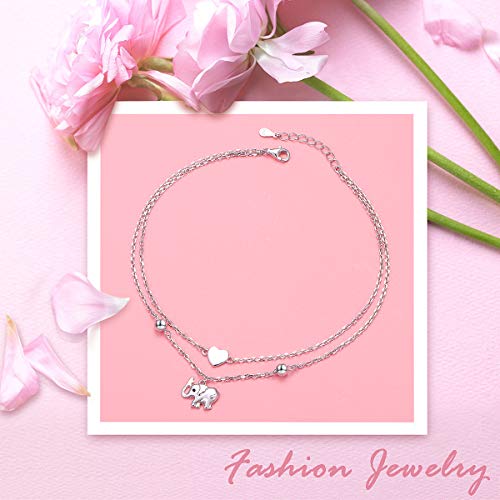 Image of Flyow Anklet for Women S925 Sterling Silver Adjustable Foot Beaded Heart Charm Ankle Bracelet Anklets Jewelry