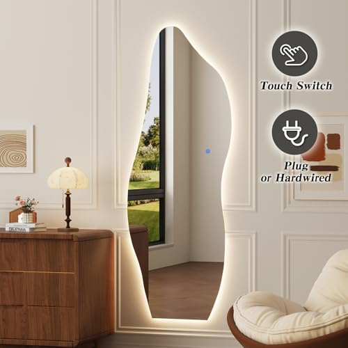 Image of QDSSDECO 63 inch x 24 inch LED Full Length Wall Mirror, Wavy Frameless Design