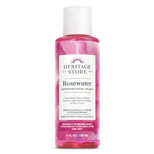 HERITAGE STORE Rosewater - Refreshing Facial Splash for Glowing Skin with Damask Rose - All Skin Types - Rose Water for Face - Made Without Dyes or Alcohol, Hypoallergenic, Vegan, Cruelty Free, 4oz