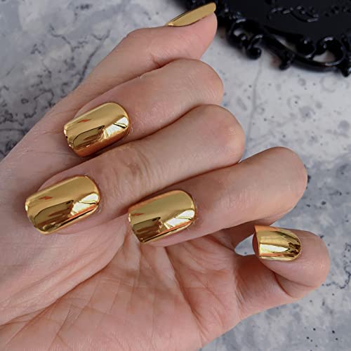 Ikiskt Gold Metallic Full Cover Fake Press On Nail Short Length Square Punk Mirror Chrome Press On Nails Pure Color Glossy Acrylic Pre-Design False Nail Tips For Women Girls Festival Band Party #TOP2