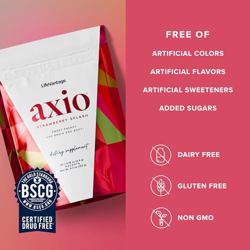 Image of LifeVantage AXIO Regular Energy Drink Powder, Nootropic Supplement, Focus & Mood Support, with L-theanine, Green Tea, B Vitamins, DMAE, Quercetin & Pine Bark, Strawberry Splash, 30 Packets
