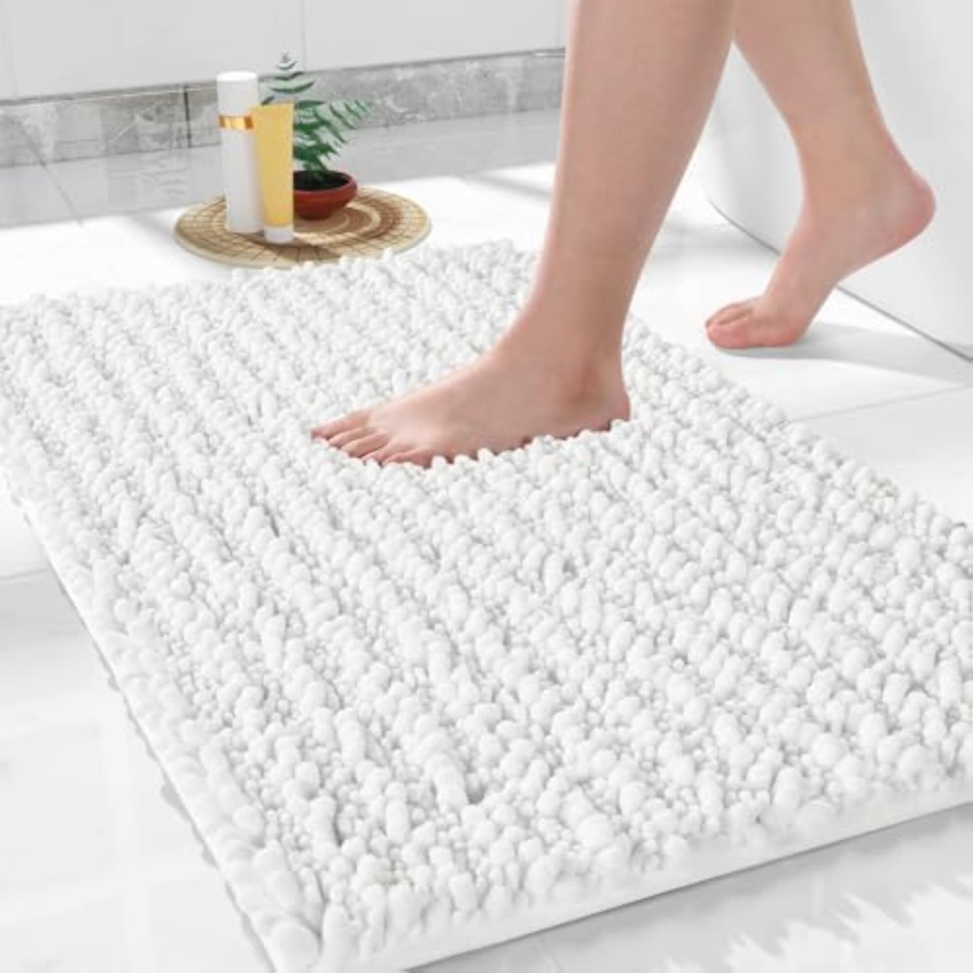Large Non Slip Chenille Bath Mat, White