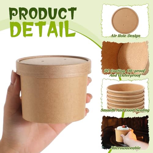 Image of Fulmoon 12 oz 100 Pack Paper Containers with Lids Soup Bowl Cup, Brown | Disposable Ice Cream Cup, Kraft Food Containers with Vented Lid Stackable for Hot Soup Dessert Cake Fruit Microwave Takeout