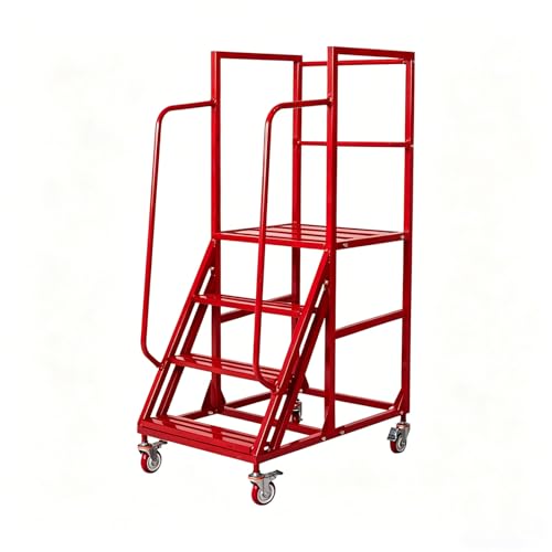 Image of Rolling Ladder with Wheels, Mobile Rolling Stairs with Handrail Industrial Warehouse, Rolling Steps Ladder with Fence，for High Shelf aisles,Warehouses,Supermarkets, Libraries. (Red, 4 Steps)