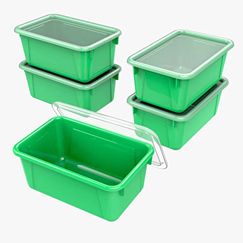 Image of Storex Small Cubby Bins - Plastic Storage Containers for Classroom with Non-Snap Lid, 12.2 x 7.8 x 5.1 inches, Green, 5-Pack (62409A05C)