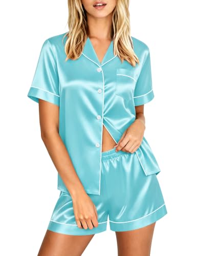 Image of LecGee Womens Silk Satin Pajamas Short Sleeve Loungewear Two-Piece Sleepwear Button-Down Pj Set