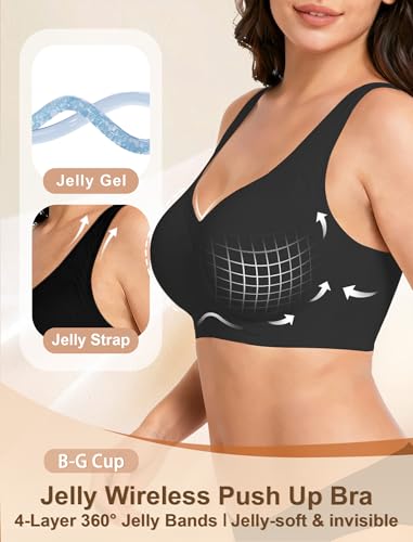 Jelly Wireless Bra Plus Size Supportive Seamless Bras Full Coverage Push Up No Underwire T-Shirt Bra Black