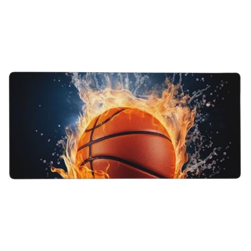 大型デスクマット 35.4 x 15.7インチ 拡張ゲーミングマウスパッド XXL バスケットボール 火と水の炎が飛び散る キーボードマット ロングマウスパッド デスクデコレーション ライティングパッド デスクトップマット ノートパソコン マウスパッド オ