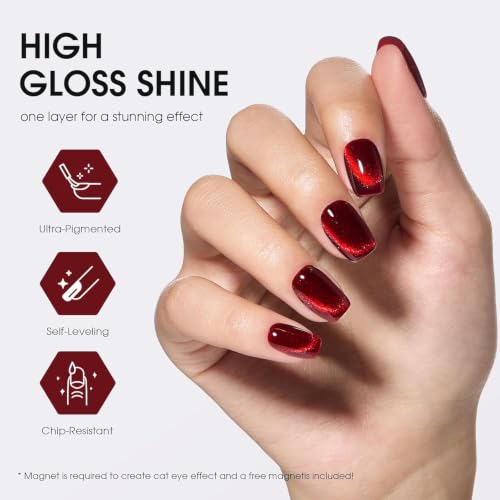 Image of Cat Eye Gel Polish with Dual Magnet 15ML Holographic Glitter Magnetic Soak-Off UV /LED Gel Polish for Salon & DIY Nail Art (CRIMSON FLAME)