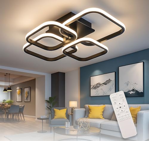 Image of PANCA Modern LED Chandelier Light for Ceiling | 3-Color Dimmable Ceiling Light with Remote Control | Acrylic Flush Mount Fancy Lighting for Living Room, Bedroom & Hall (58x45x12cm, Black)