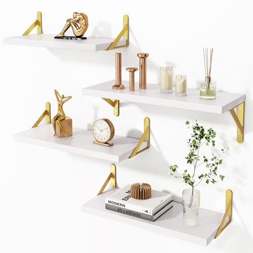Image of YGEOMER White Shelves for Wall, Different Sizes Wall Floating Shelves for Living Room, Bathroom, Bedroom, Kitchen, Home Decor (Set of 4)