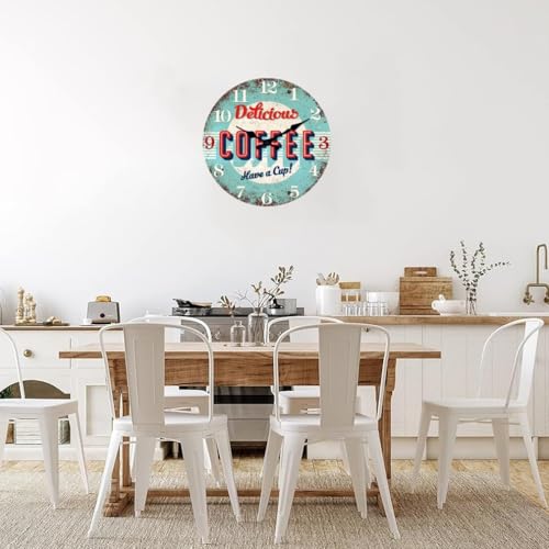 Image of XFM Big Retro Coffee Wall Clock for Kitchen Cafes Bar 16 Inch | Silent Non-Ticking Battery Operated Vintage Blue Wooden Rustic Round Decorative for Living Room Farmhouse Office