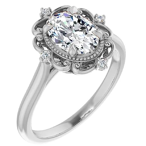 2.5 Carat 14K White Gold Vintage Halo Style Channel Ring Oval Brilliant Diamond Engagement Ring Milgrain with Moissanite Center2