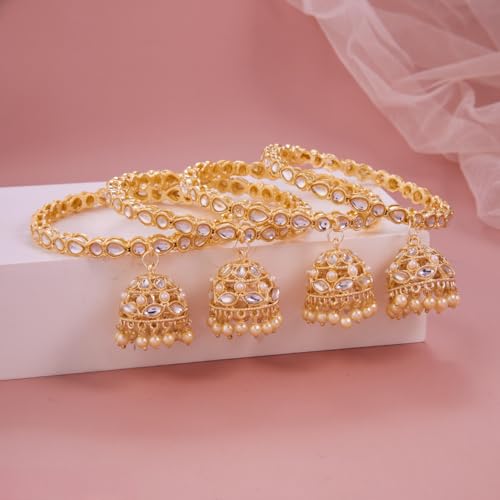 Image of Gold Plated Kundan Bangle Set for Women | Teardrop Stone Bangles with Pearl Beaded Latkan Charm Ethnic Wedding Jewellery | Bangle Set of 4 for Women & Girls