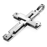 Flongo Edelstahl Anhänger Halskette Kette Silber Kariert Karo Kreuz Kruzifix Rosenkranz Herr Gebet Klassiker Herren Accessoires, mit 65cm Königskette