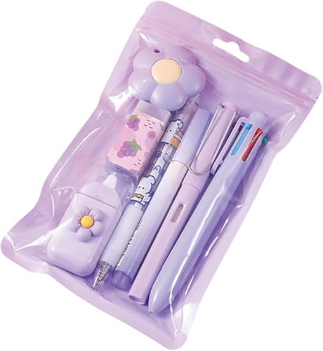 7 Pcs Cute Purple Stationery Set Kawaii School Supplies Office Supplies Including Ballpoint Pens Pencil Eraser Stationery Kit