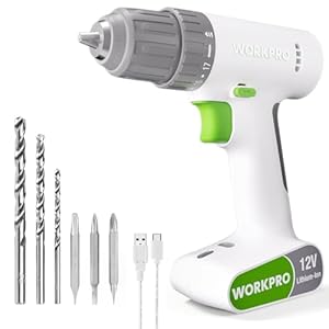 WORKPRO 12V Cordless Drill Driver Set, Electric Power Drill Tool Kit with 6 Pcs Bits, 3/8-Inch Keyless Chuck, Variable Speed, 18 Touque Setting, Type-C Charge Cable, Led Light, White