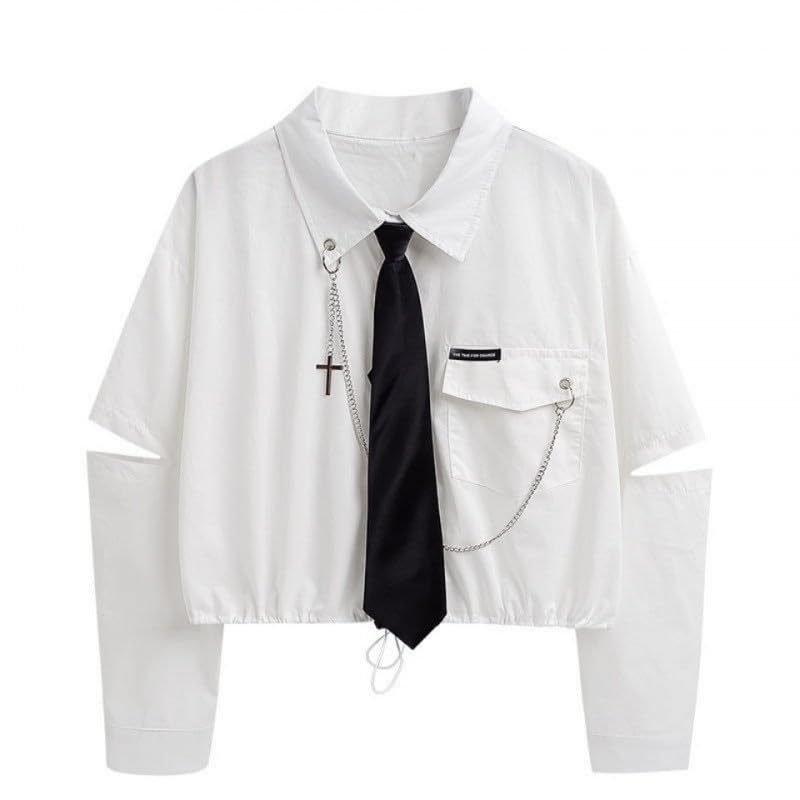 Generisch Blusa de manga larga para mujer, holgada, corta, informal, moderna, monocolor, camiseta de manga larga, camiseta urbana, camisa de manga larga Y2K, blusa con corbatas, blusa para niñas