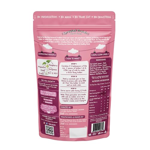 Gladful Strawberry Pancake Mix, No Maida, No Palm Oil, No Refined Sugar, Gluten Free, High Sprouted Protein, Low Carbs, Made with Jowar and Oats, Eggless 150 Gm - Pack of 1