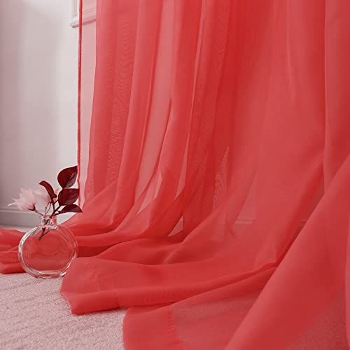 Huto Christmas Red Sheer Curtains Window Drapes 2 Panels Rod Pocket Voile Sheer Panels Curtains 63 Inches Long For Bedroom Living Room Nursery Study Room #TOP7