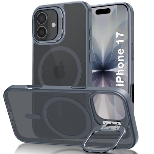 Image of TheGiftKart Hybrid Matte Frosted Back Cover Case for iPhone 17 Compatible with MagSafe | Built-in Stand | Shockproof Hard Back Cover Case for iPhone 17 (PC & TPU, Translucent Grey)