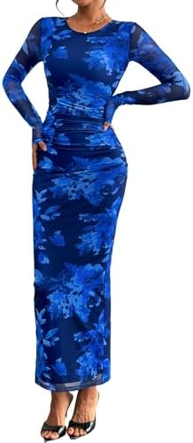 PRETTYGARDEN Fall Wedding Guest Dresses for Women 2025 Long Sleeve Ruched Sexy Bodycon Floral Mesh Cocktail Party Maxi Dress