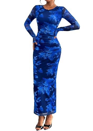 PRETTYGARDEN Fall Wedding Guest Dresses for Women 2025 Long Sleeve Ruched Sexy Bodycon Floral Mesh Cocktail Party Maxi Dress