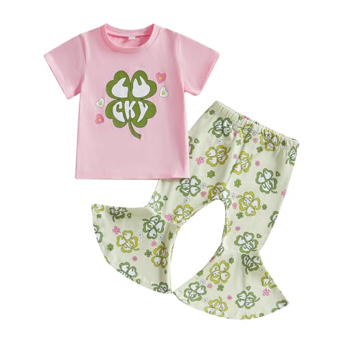 Karuedoo Toddler Baby Girl St Patricks Day Outfit Four Leaf Clover Short Sleeve T-Shirt Bell Bottom Pants Set Irish Outfit (A-Pink, 18-24 Months)