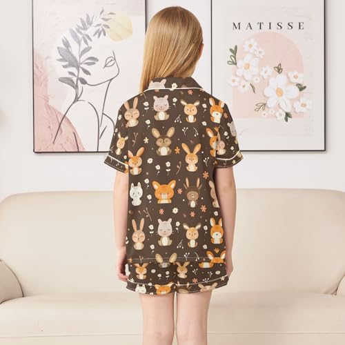 ALAZA Cute Animal Rabbit Blossom Pajamas Satin Pajama Set Short Sleeve Button Down Sleepwear4
