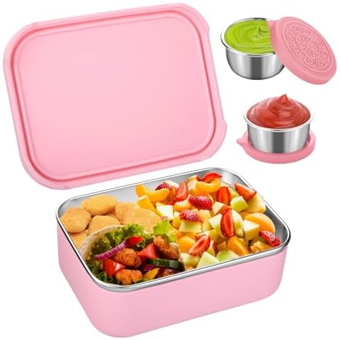 LEGELITE Bento Lunch Box Container, Stainless Steel Bento Box with Removeable Compartments and 2 sauce cups, Dishwasher, Freezer Safe, BPA-Free -Sage (Pink) Cover