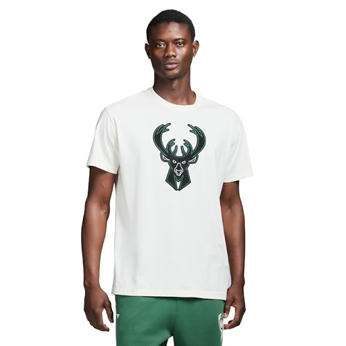 Game 7 x NBA Officially Licensed Men's Short Sleeve Oversized Heavyweight Crew Neck Cotton Patch T-Shirt, Milwaukee Bucks, L, Off-White