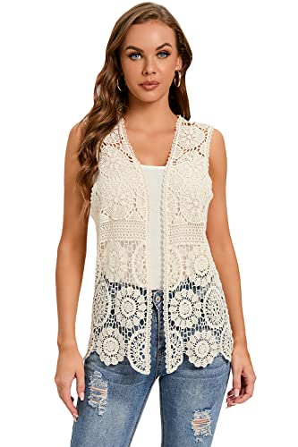 Women's Crochet Vest Sleeveless Boho Lace Cardigan (Round Flower Apricot)3