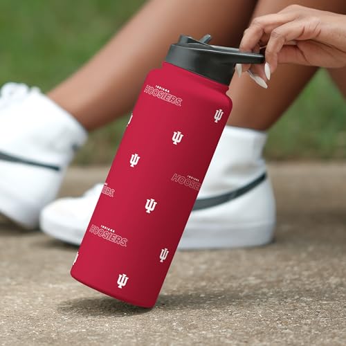 Image of Logo Brands NCAA Indiana Hoosiers Step & Repeat 34 oz Stainless Steel Quencher Bottle - All Over Logo Design, No-Spill Lid, Easy Carry Handle - Keeps Drinks Cold For Hours