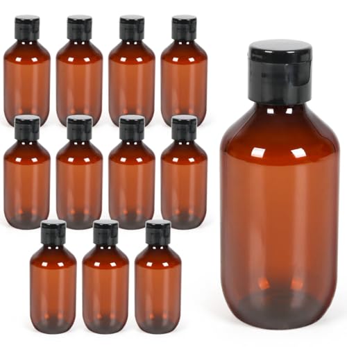 12 Pack 3.4oz Amber Travel Bottles with Flip Cap, Small Plastic Dispenser Container, Empty Bottles Set for Essential Oils Hair