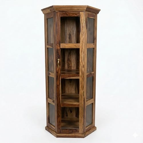 Image of Modern Furniture Astro Sheesham Wooden Crockery Cabinet with Acrylic Glass Door | Solid Wood Multipurpose Storage Cabinets for Living Room Home & Kitchen | Book Shelf Wooden - Teak Finish