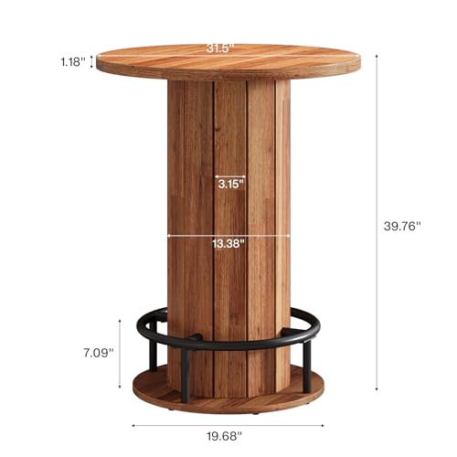 Image of Tribesigns Round Dining Table Set of 4, Bar Height Commercial Kitchen Table with Wood Strip Base and Footrest, for Dining Room, Restaurant, Cafe, Bakery, School, Apartment, Walnut Brown (Only Table)
