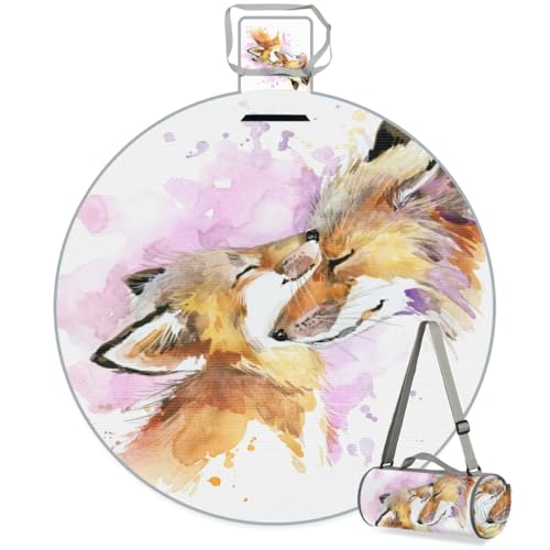 Shimoshe Watercolor Fox Picnic Outdoor Blanket Foldable Waterproof Sandproof Beach Blanket Portable Water-Resistant Round Picnic Mat for Travel Camping Park Lawn