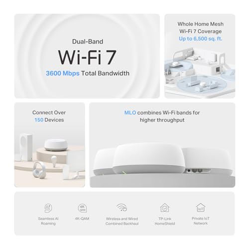 undefined TP-Link Deco BE23 Dual-Band BE3600 WiFi 7 Mesh Wi-Fi System | 4-Stream 3.6 Gbps, 160 Mhz | Covers up to 6,500 Sq.Ft | 2× 2.5G Ports Wired Backhaul | VPN,MLO,AI-Roaming, HomeShield, 3-Pack の商品画像 2